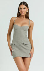 Angela Mini Dress - Sweetheart Neck Bodycon Checkered Dress in Beige Check