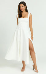 Bernie Midi Dress - Square Neck Strapped Full Circle Skirt Dress in White