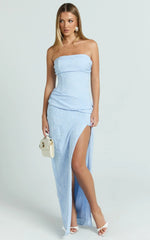 Berri Maxi Dress - Strapless Jacquard High Split Dress in Blue