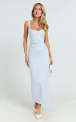 Benita Midi Dress - Scoop Neck Ruched Fitted Dress in Blue