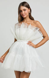 Amalya Mini Dress - Tiered Tulle Fit and Flare Dress in White