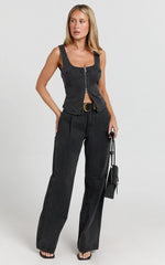 Bellerose Top - Front Zip Denim Fitted Top in Washed Black