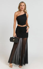 Bindi Maxi Skirt - Asymmetric Contrast Jersey Leg Split Skirt in Black
