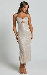 Agatha Maxi Dress - Sequin Twist Front Cut Out Dress in Gold