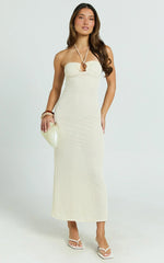 Blaire Midi Dress - Strappy Ruched Front Column Fitted Textured Jersey Dress in Off White