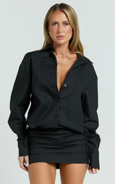 Avalon Mini Dress - Button Up Ruched Shirt Dress in Black