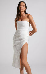 Brailey Midi Dress - Thigh Split Strapless Dress in White Jacquard