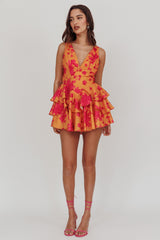 Like Me V-Neck Tied Back Floral Romper Orange